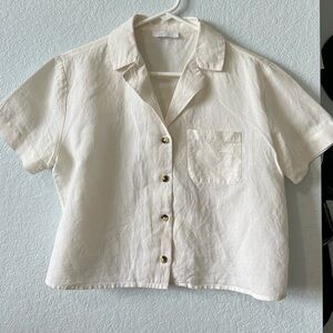 Oak + Fort Cream Linen Blend Cropped Button Down Shirt S